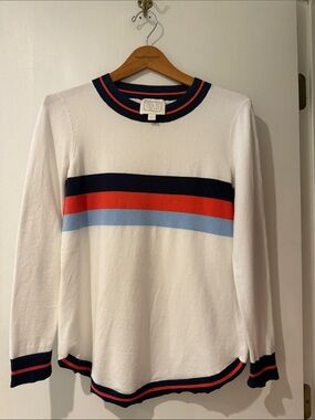 Sail to Sable White Sweater with Navy Ribbing & Red Stripe